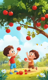 two children with apples in the tree