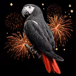 a gray parrot sitting on a perch in front of fireworks