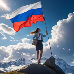 a woman with a flag is standing on top of a mountain