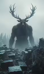 a large, hairy creature in a field with moss and rocks