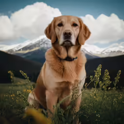 a dog is sitting in the grass and is looking at the camera