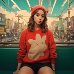 a young lady sitting on top of a bench in front of a painting