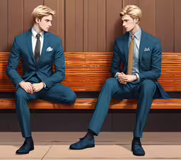 two young men in suits and ties sit on a wooden bench,two young men in suits are sitting on a wooden bench