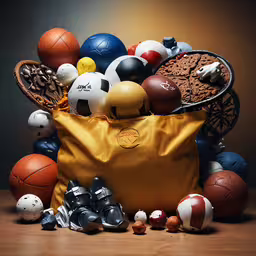 several balls and basketballs sitting next to a cloth bag,a bag full of different balls and equipment