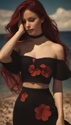 a young woman poses in a black skirt on the beach