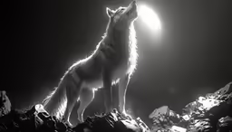 the wolf with the moon is sitting on top of a hill