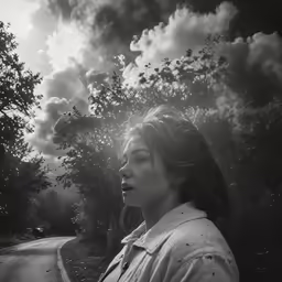 a woman sits under a dark cloud filled sky