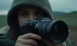 a woman holding up her camera outside