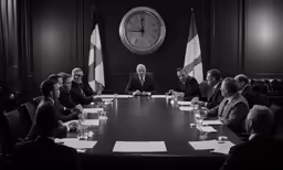 men sit around a table in front of a clock