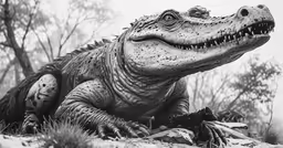 an adult alligator laying down on the ground