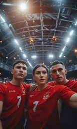 two men and woman in red jerseys pose for a picture together