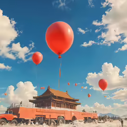 a group of red balloons in the sky flying above a building