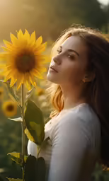 a woman standing in front of a field of sunflowers
