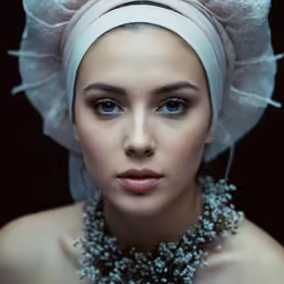 a woman wearing a white head scarf with a large diamond necklace