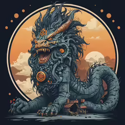 a big dragon is sitting in front of a red and orange sky