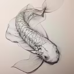 a black and white drawing of a fish on paper