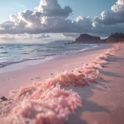 a beach covered in sand with waves coming up to the shore