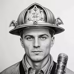 drawing of a fireman wearing a red fire helmet with a microphone