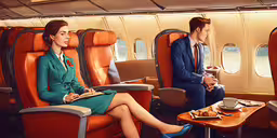 a picture of a man and a woman sitting in a plane,a man and woman sitting in an airplane while eating food