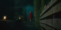 a woman is walking down a path with two candles on the side