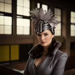 a woman wearing a black and silver headdress and jacket