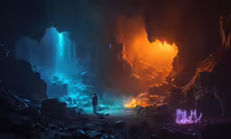 the scene of a cave with a light show