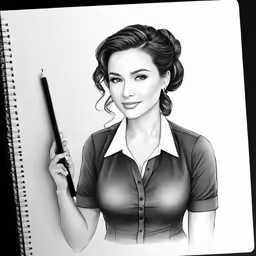 an illustrated girl in a cardigan with a large pencil
