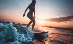 the girl is on her surfboard riding an ocean wave