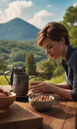 a woman standing over a plate of food with a coffee cup