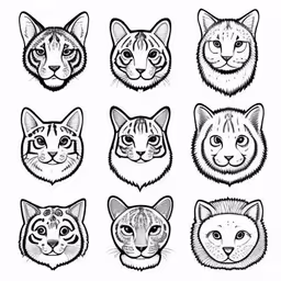 six different heads of cats with a white background,the faces of different animals drawn in line,eight different types of cats with black ink on white paper,the head of different cats with big eyes,a set of nine different types of cats