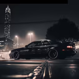black car parked at night in front of a city