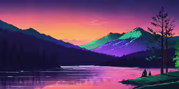 the illustration is made with pastels to look like it was painted in purple, green and pink tones,an image of mountains in the sky at sunset