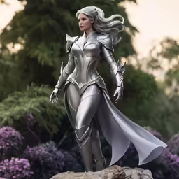 a woman in a silver suit stands on a rock
