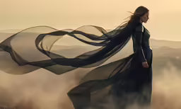 a young woman in a black dress with a veil blowing over her
