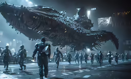 an aliens in an underground station with a huge creature and several people walking on the pavement