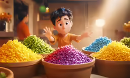 a close up of a doll in front of bowls filled with fake flowers