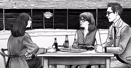 two people are sitting at a table eating food,three people sitting at a table having drinks