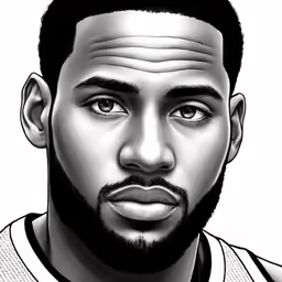 a black and white photo of the head of a basketball player