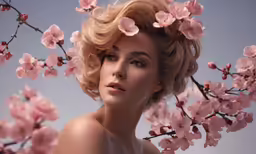 the woman is posed with a bunch of blossoms in her hair
