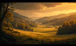 a view of a grassy valley during sunrise