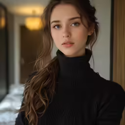 a close up of a person wearing a black sweater