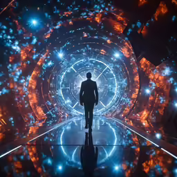 a man standing in a space like scene next to a tv camera