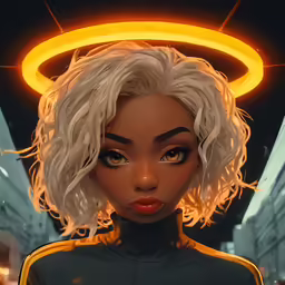 the digital face of a woman with bright yellow lights and long, blonde hair