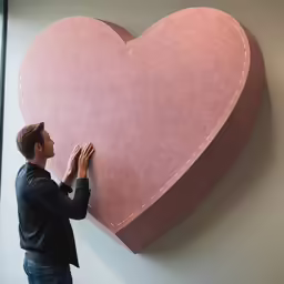 man holding up a large heart shaped object in front of a wall