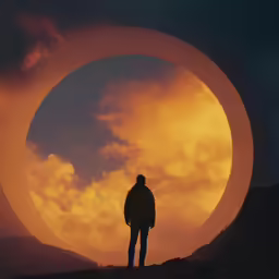 a man looks at the moon during a sunset