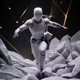 a white and black photo of a robot in front of rocks