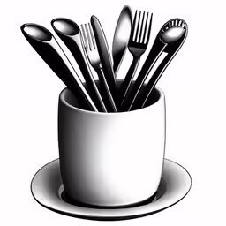a coffee cup with forks and spoons in it