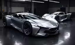 the supercar is white and shiny as it sits in an empty garage
