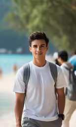 a male in a white shirt a backpack and a beach