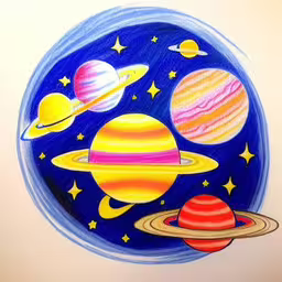 a drawing of four planets in the sky,this is a photo of a cartoon drawing of a planet and its stars,a colorful drawing of planets and stars,the colorful drawing shows different planets in a circle,an image of space with various planets painted on it
